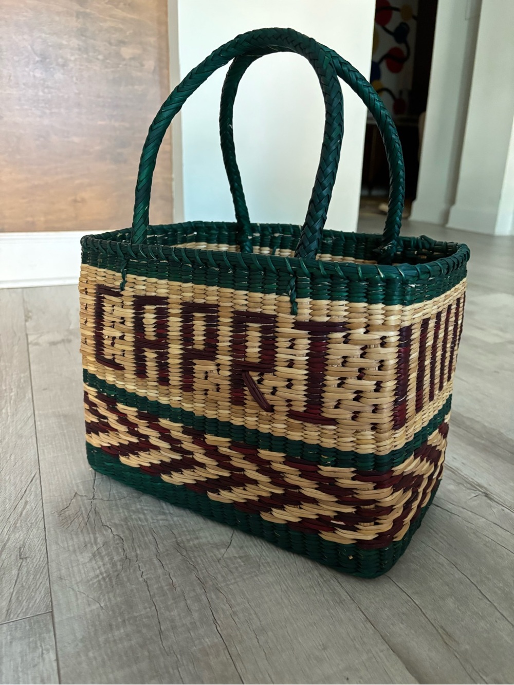 Nannacay Capri Wicker Basket Tote Beach Bag Green Brown Beige
